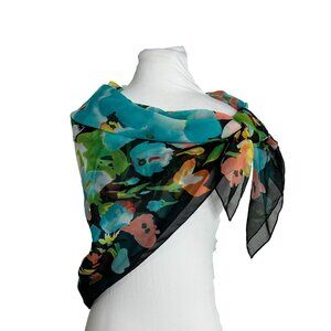 Large Blue Black Yellow Floral Translucent Scarf 42" X 38" Spring Garden